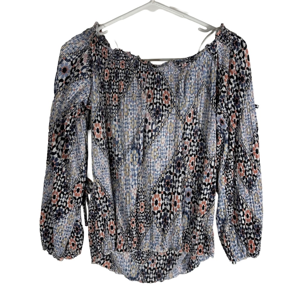 LC Lauren Conrad Women XS Plisse Off Shoulder Blouse Geometric Floral Tie Sleeve - Picture 3 of 8
